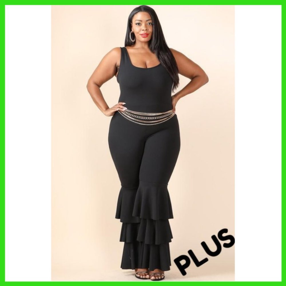 NWT Plus Size Belted Ruffled Ankle Jumpsuit Black